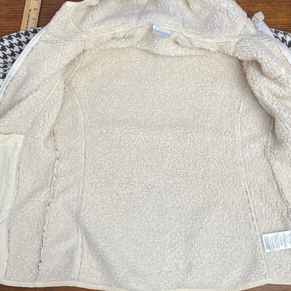 Columbia Houndstooth Ivory Black Hooded Zip up Jacket Size Medium side pockets - Picture 10 of 12